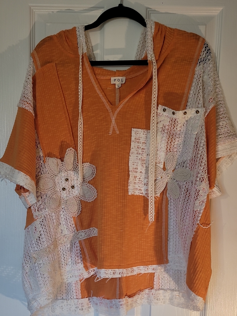 POL Orange Hooded Top with Cream Lace Floral Appliqué
